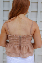 Load image into Gallery viewer, Madeline Ruched Polka Dot Crop Top- Taupe
