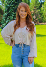 Load image into Gallery viewer, Mabel Rushed Long Sleeve Crop Top- Stone
