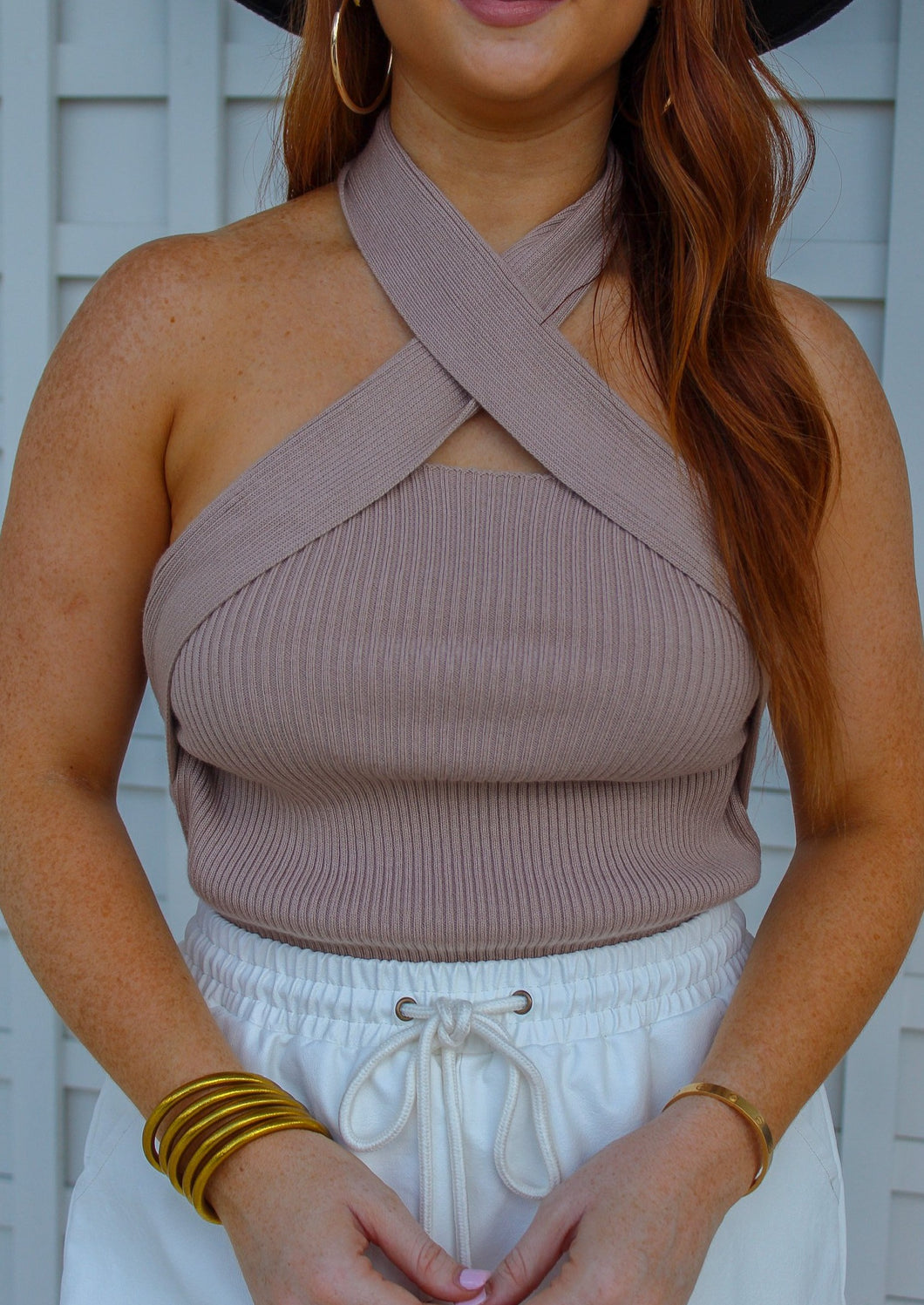 Kirby Criss Cross Halter Top- Taupe