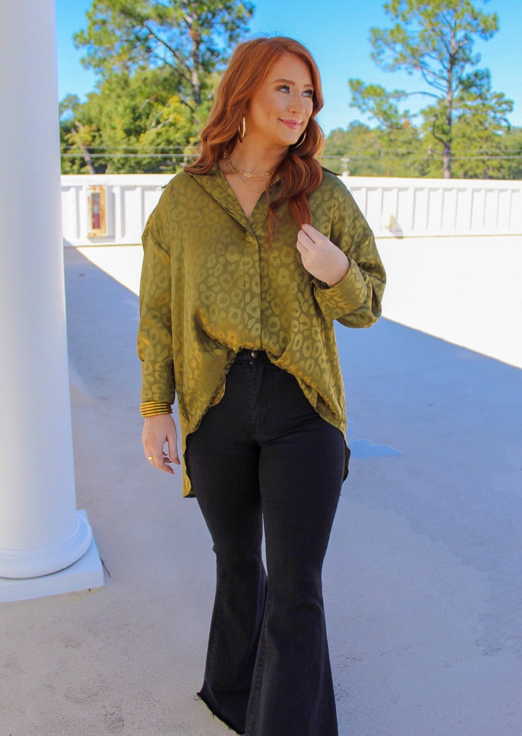 Kathy Satin Animal Print Blouse- Olive