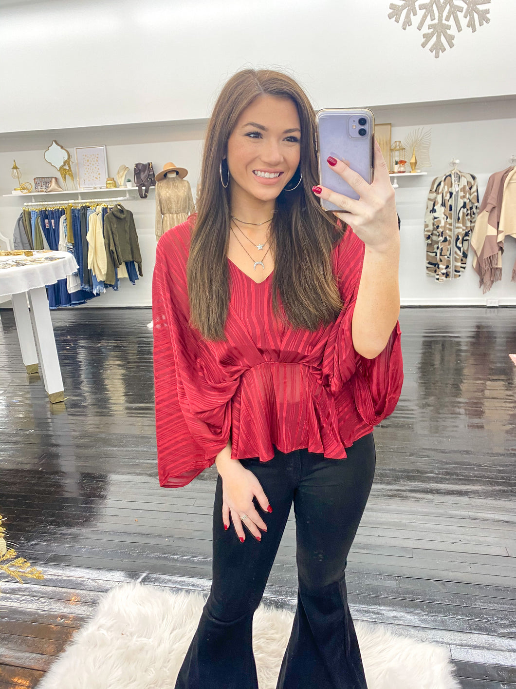 Red Butterfly Sleeve Flounce Top