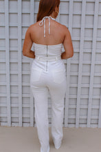Load image into Gallery viewer, Kristen White Denim Halter Belted Jumpsuit
