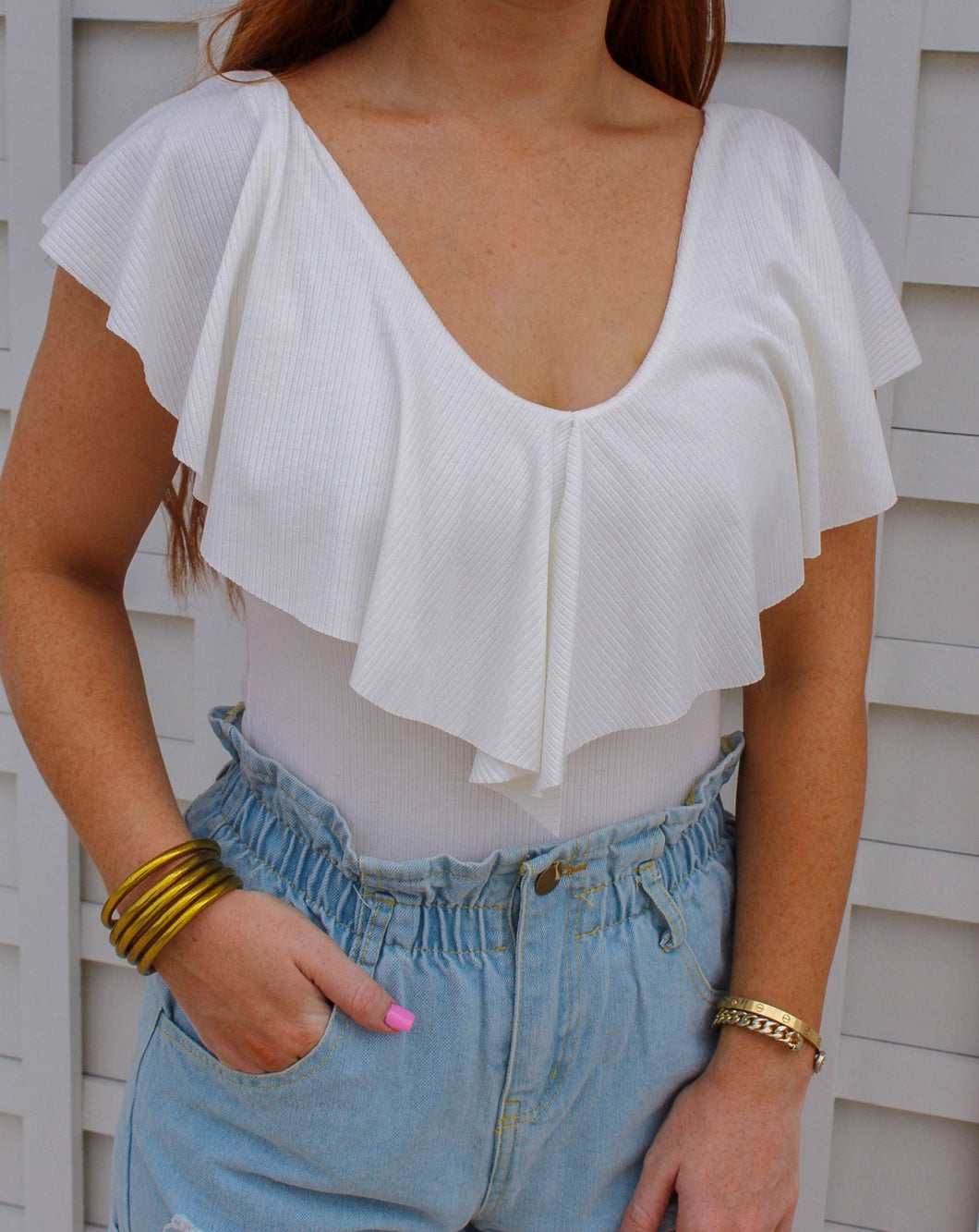 Nikki Ribbed V Neck Ruffle Bodysuit- Ivory