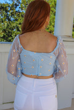 Load image into Gallery viewer, Flower Child Embroidered Mesh Crop- Baby Blue

